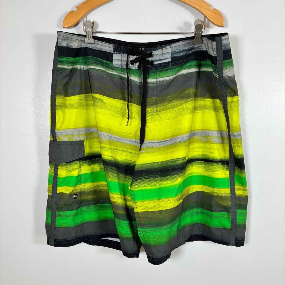 Mossimo Supply Co Board Shorts 38 Striped Cargo Swim Trunks Surf Beach Pool Neon
